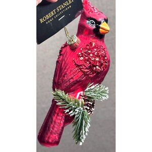 Robert Stanley Cardinal Christmas Ornament Red Glass Pinecone & Glitter Accents